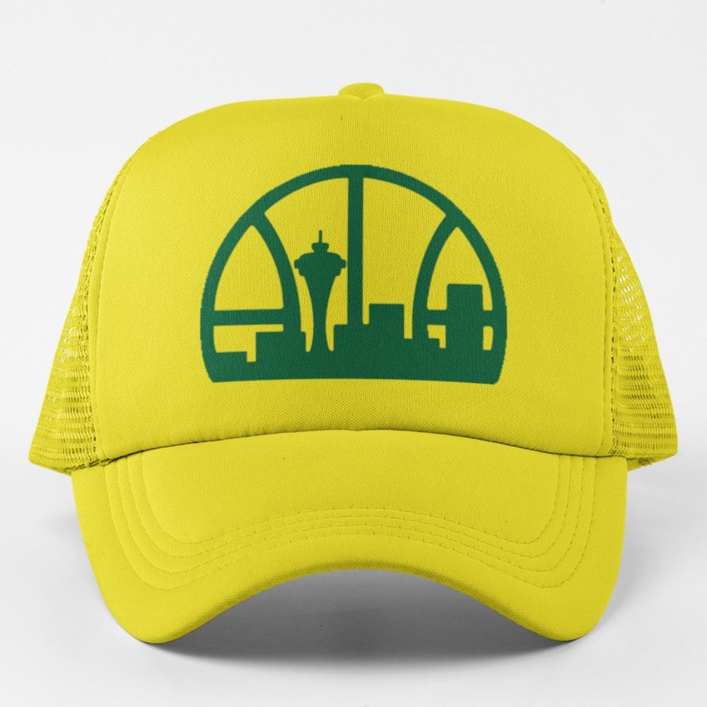 NEW Seattle Supersonics Retro Logo Foam Trucker Snapback Hat YELLOW